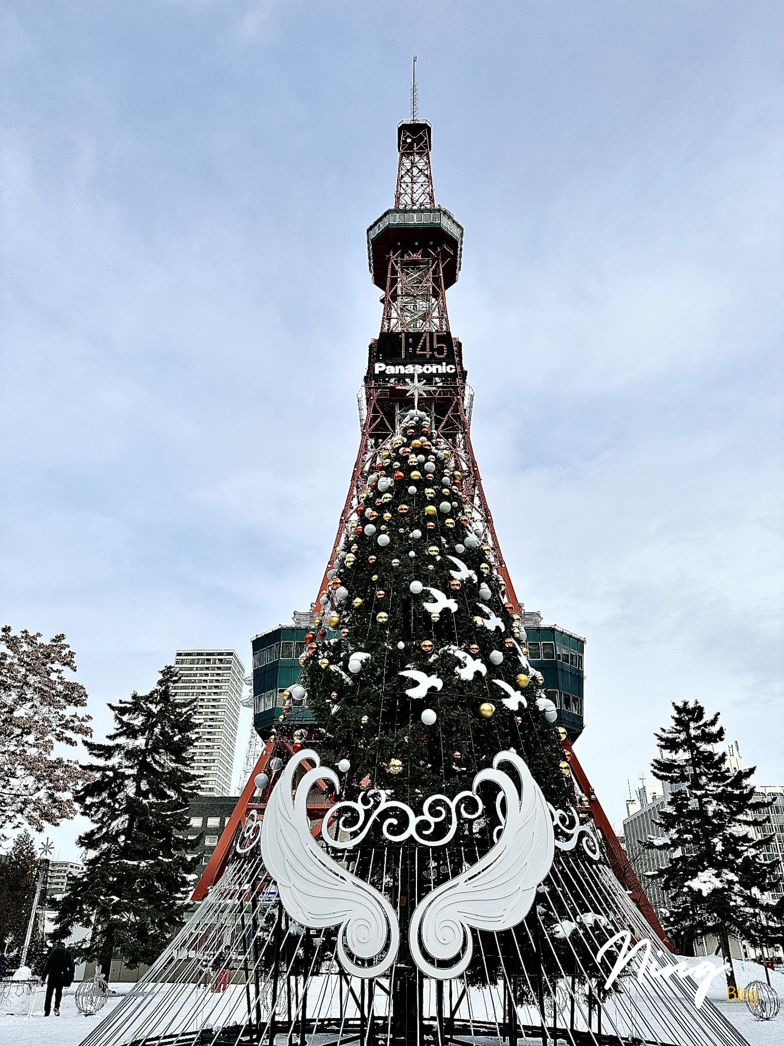 北海道札幌大通公園，札幌電視塔的冬季白天景觀，塔下有大型聖誕樹裝飾和白色翅膀裝置。